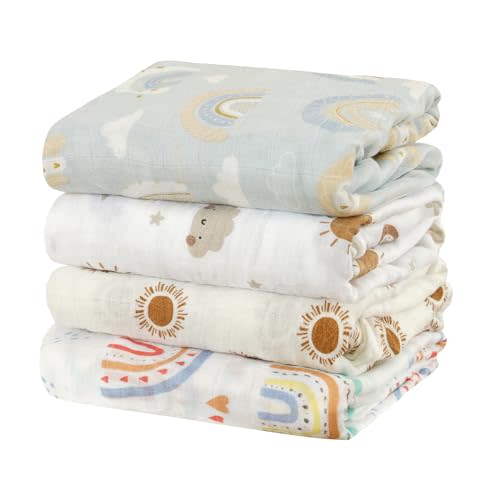 CoolaPeach 4 Set Muslin Swaddle Blankets Receiving Blanket for Newborn Baby | Boys, Girls Cute Soft Print Baby Towel Wrap 120x110cm Baby