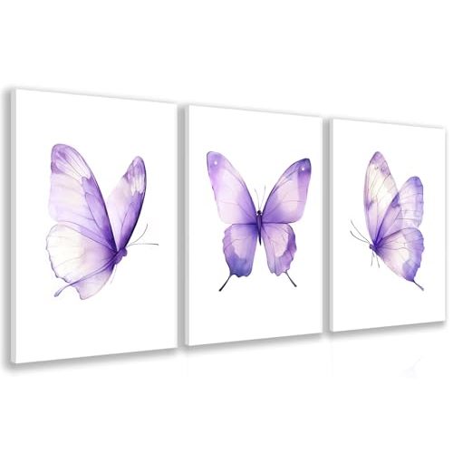 GELDSTEI Wrapped Canvas Dreamy Purple Butterfly Wall Art Set of 3, 12x16 in | Delicate Watercolor Purple Butterfly Wall Decor, Elegant Calming Art Prints, Lovely Gift for Girls and Butterfly Lovers