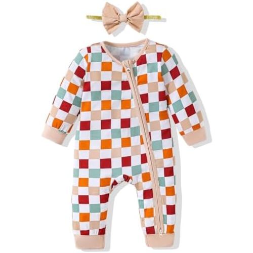Mikrdoo Newborn Infant Baby Girl Clothes Fall Winter Outfits Long Sleeve Zipper Rompers with Headband