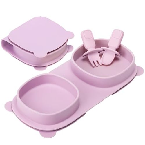 Travel Foldable Baby Plates with Suction with Forks and Spoons, Purple | yahaa Silicone Toddler Plates Set