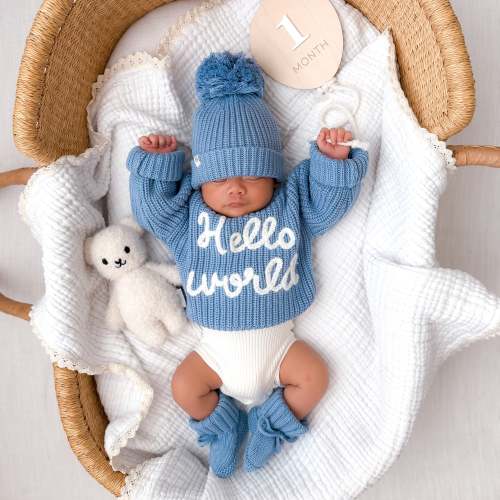 Blue Hello World Chunky Knitted Jumper – Amber and Noah