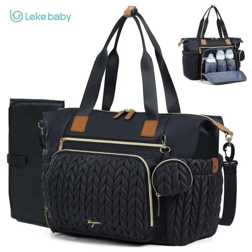 Lekebaby Tote Diaper Bag, Large Capacity Diaper Bags with Changing Pad & 16 Pockets, Waterproof Baby Bag for Hospital, Travel, Black