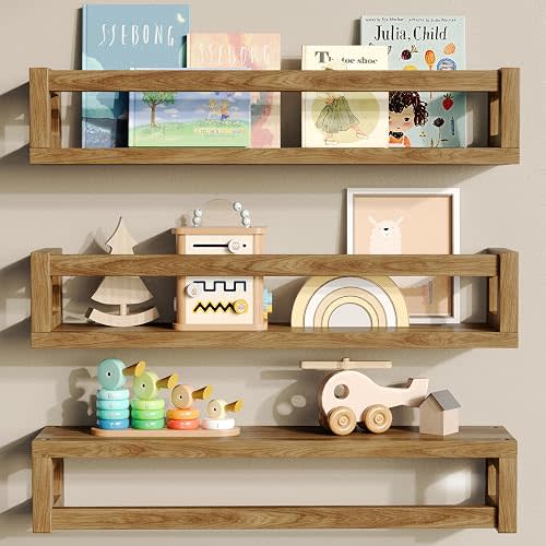 3Pack Nursery Book Shelves, Solid Wood Floatingshelf for Wall, Walnut Brown