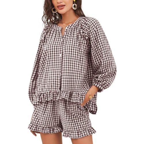 Flygo Women Gingham 2 Piece Pajama Sets Y2K Plaid Ruffle Short Sets Raglan Sleeve Shirt Lounge Shorts Sleepwear with Pockets