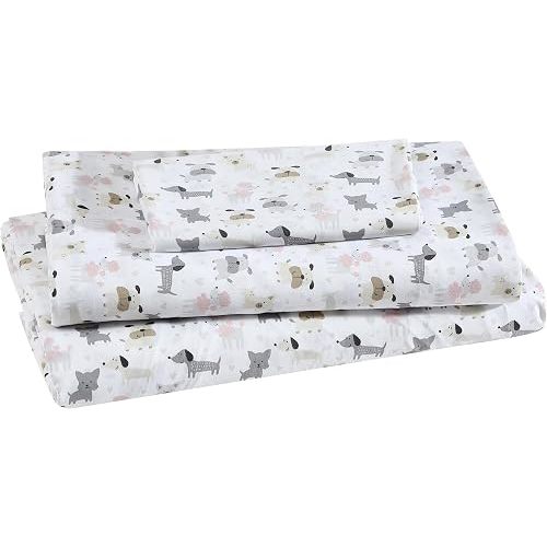 Beatrice Home Fashions Printed Microfiber Sheet Set, Soft Comfortable Easy Care, Includes 1 Fitted Sheet with 12" Deep Pockets, 1 Flat Sheet, Pillowcase, Twin, White Puppy Love