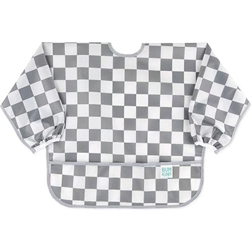 Bumkins Sleeved Bib for Girl or Boy, Baby and Toddler for 6-24 Mos, Essential Must Have for Eating, Feeding, Baby-Led Weaning Supplies, Long Sleeve Mess Saving Food Catcher, Fabric, Gray Check