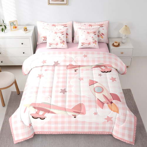 Erosebridal Cartoon Airplane Bedding Twin Size, Helicopter Aircraft Bed Set, Pink Plaid Reversible Bed in a Bag Twin size, Super Cozy Room Decoration, 7 Pieces