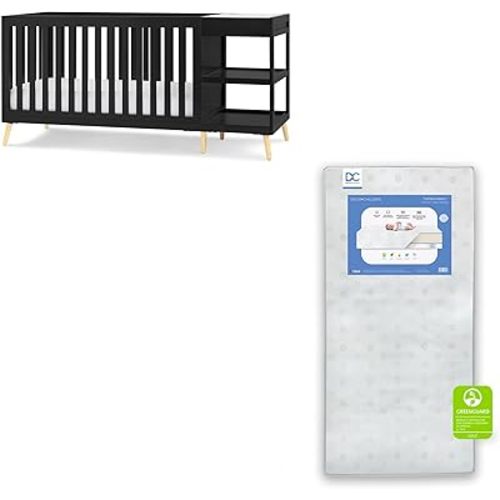 Delta Children Essex 4-in-1 Convertible Crib and Changer, Black Ebony w/Natural Knobs Twinkle Galaxy Dual Sided Recycled Fiber Core Crib and Toddler Mattress (Bundle)