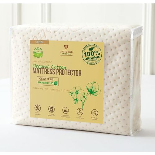 Organic Cotton Crib Mattress Protector – Waterproof – Soft 380 GSM Organic Cotton Surface – Cotton Jersey Skirt