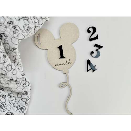 Mickey Balloon Monthly Milestone Disc – Baby Milestone Tracker – Double-Sided Wooden Newborn Photo Prop – Disney Baby – Baby Shower Gift