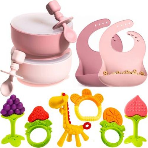 Silicone Baby Feeding Set, Suction Bowls with Lids, Adjustable Bibs, Teething Toys for Babies 0-6 Months, BPA Free, Dishwasher & Freezer Safe - Pink