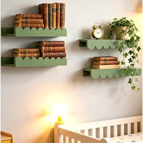 4pcs Nursery Book Shelves Floating Scalloped Wall Book Shelves,Scalloped Nursery Shelvess For Wall,Floating Bookshelves,Modern Wavy Wall Shelf, Montessori Style Picture Ledge For Nursery-Green, 16"