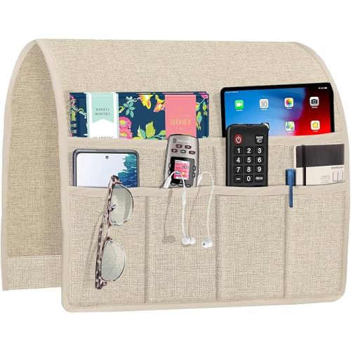 Joywell Beige Remote Control Holder Recliner Armchair Caddy Couch Caddy Sofa Armrest Organizer Linen Fabric Tan Taupe Sofa Arm Chair Caddie with 6 Pocket Storage for Magazine, Tablet, Phone, iPad