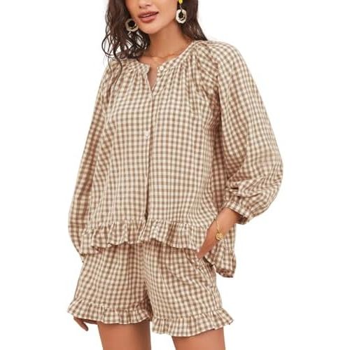 Flygo Women Gingham 2 Piece Pajama Sets Y2K Plaid Ruffle Short Sets Raglan Sleeve Shirt Lounge Shorts Sleepwear with Pockets
