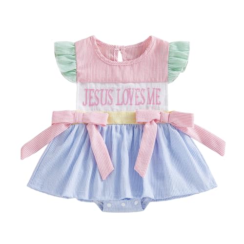 Baby Girl Christian Outfit Jesus Love Me Smocked Bubble Romper Dress Stripe Bodysuit Easter Cute Summer Clothes 0-18M