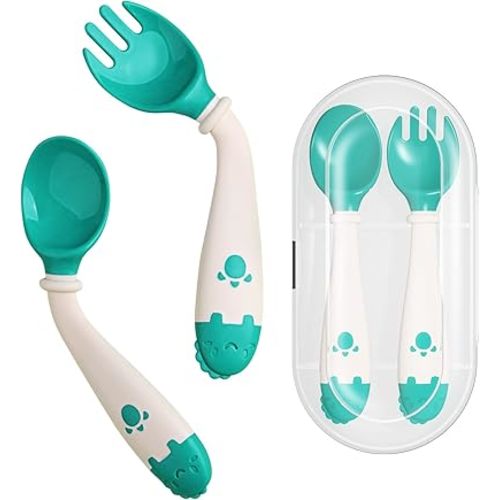 Deejoy Toddler Utensils, Self-feeding Flatware Set withTravel Case, Baby Spoons and Forks with Silicone Bendable Handle, Easy Grip Heat-Resistant, Ideal for Kids, Stage 2 (Green)
