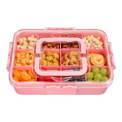 Snack Box Container for Kids - Adjustable 12-Compartment Snack Containers, Reusable Bento Box, Dishwasher Safe, BPA-Free, Perfect for School, Travel, Camping & Picnic, Pink