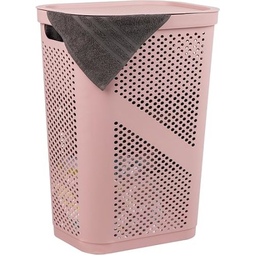 Mind Reader Slim Laundry Hamper with Lid, 60L Clothes Basket, Ventilated Plastic, Pink