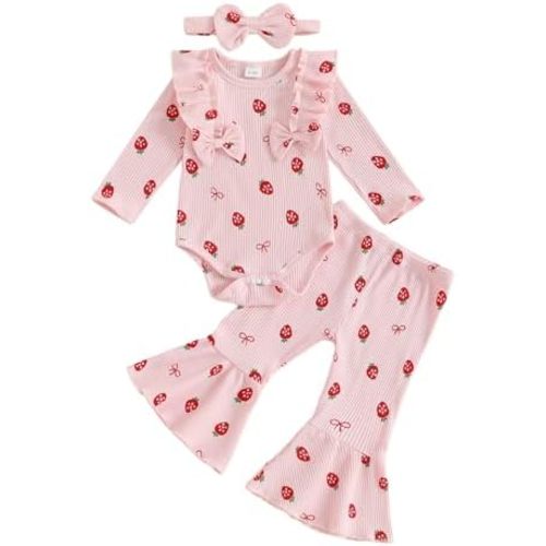 Newborn Baby Girl Clothes Strawberry Ribbed Romper Tops Bow Bell Bottoms Pants Fall Winter Coming Home Outfit Set