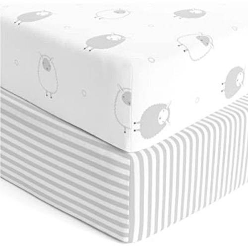 Cuddly Cubs 2 Pack Jersey Cotton Crib Mattress Sheets for Baby Boy, Girl - Grey Stripes, Sheep Toddler Bed Sheets - Fits Standard 28 x 52" Crib and Toddler Mattress