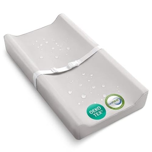 Waterproof Vegan Leather Contoured Baby Changing Pad | Wipe-Clean PU Leather Diaper Change Mat, Soft, Wipeable Removable & Washable Cover, Non-Slip Bottom, Standard Infant Diaper Table & Dresser Grey