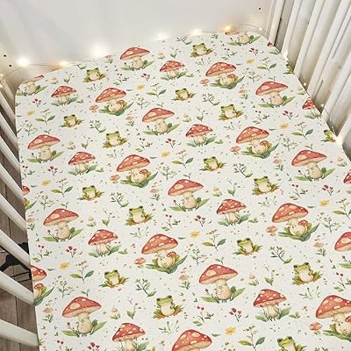 Green Frogs Mushroom Baby Crib Sheets for Boy Girl 52x28Inch Fairytale Frogs Soft Stretchy Fitted Crib Mattress Cover Baby Sheet Fits Crib and Toddler Bed Mattresses