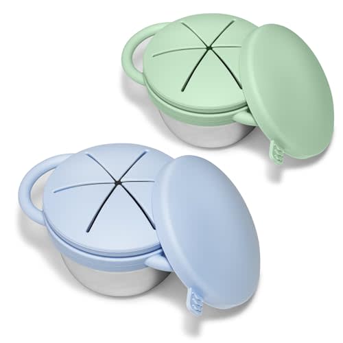 JVEOO 2 Pack Toddler Snack Cups, Baby Stainless Steel Snack Containers for Kids with Spill Proof Food Grade Silicone Lids & Handles 9 OZ No Spill Baby Snack Box for Mess-Free Snacking