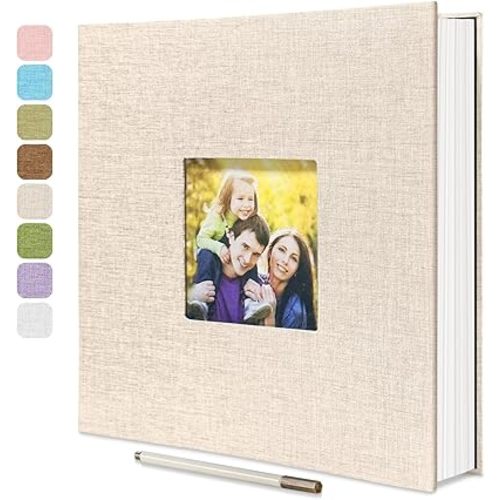 Large Photo Album Self Adhesive with Picture Display Window, DIY Scrapbook Album for 4x6 8x10 Pictures, 40 Pages Light Beige Linen Cover Memory Book with Scraper and Metallic Pen