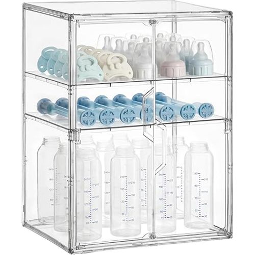 HBlife Baby Bottle Storage Organizer for Countertop Cabinet, 3 Tiers Adjustable Clear Acrylic Bottles Storage Station Case Box Container with 2 Removable Dividers and Magnetic Double Door, X-Large