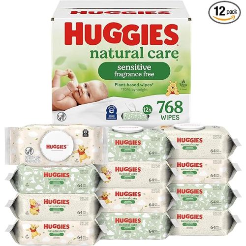 Huggies Natural Care Sensitive Baby Wipes, Unscented, Hypoallergenic, 99% Purified Water, 12 Flip-Top Packs (768 Wipes Total), Packaging May Vary