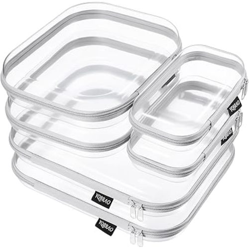 YQBRAO 6 Pack Sleek Gray Clear Hard Shell Zipper Case, 1.2mm Heavy Duty Tech & Cord Organizer Pouches, Crush-Proof Electronic Storage for Travel, Tools & Diaper Bag (2L+2M+2S)