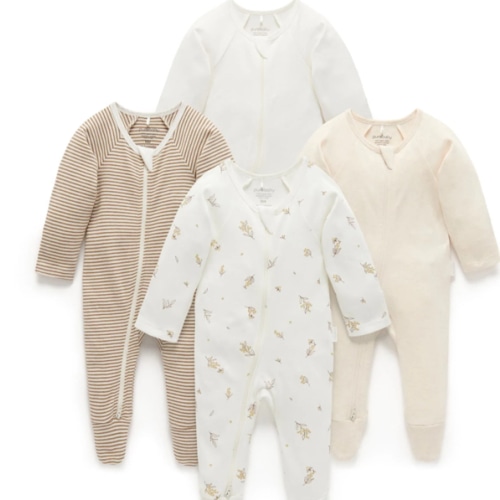 4 Pack Baby Growsuits – Vanilla Wattle Bee | Purebaby - Purebaby