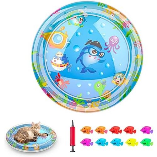 Inflatable Cat Dog Baby Water Mat Toy, [Newly Upgraded, 2 Layers Thickened] Premium Anti-Scratch Leak Proof Mat, with Floating Fish for Indoor Kitten Cats & Kids to Swatting Exercise Hunting (Dolphin)