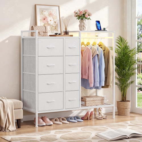HIGDBFE 8-Drawer Dresser for Bedroom with Clothes Rack, Dresser with Charging Station & LED Lights, Wooden Top Storage Chest of Drawers with Fabric Drawers, White