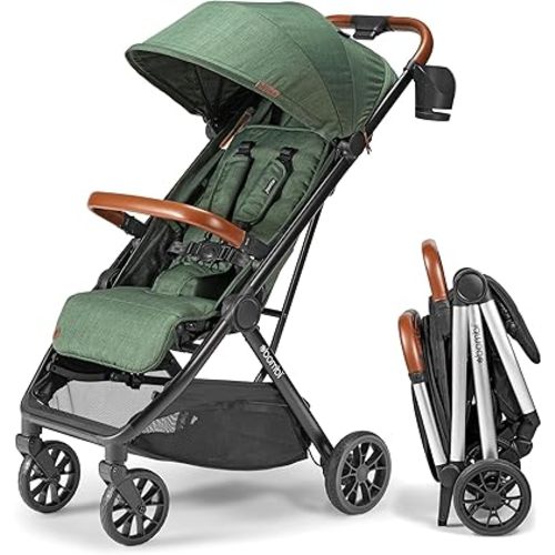 Bombi Bēbee V2 Lightweight Baby Stroller - Premium Vegan Leather, One-Hand Fold, Infinite Recline, Aircraft-Grade Aluminum Frame, XXL Canopy, and Ample Storage Umbrella Stroller - Hunter Green