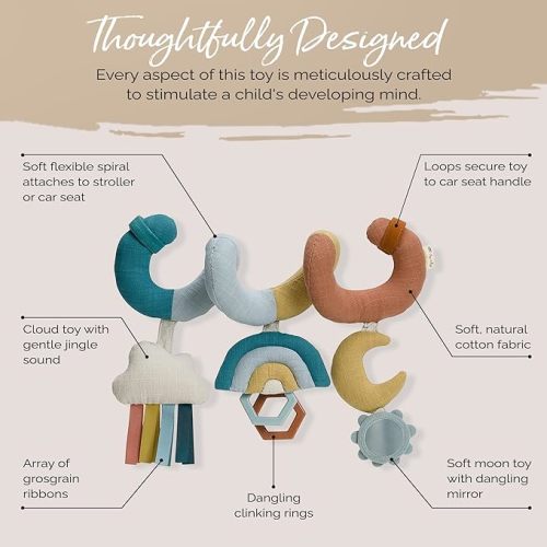 Itzy Ritzy Spiral Car Seat & Stroller Activity Toy - Stroller & Car Seat Toys for Ages 0 Months and Up - Hanging Toys Include Clinking Rings, Mirror and Textured Ribbons (Rainbow)