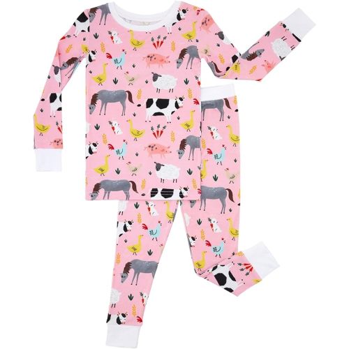 Little Sleepies Two-Piece Pajama Set for Boys & Girls, Soft Viscose from Bamboo Toddler Pajamas for Kids, Family Matching PJs, Pink Farm Animals, 3T