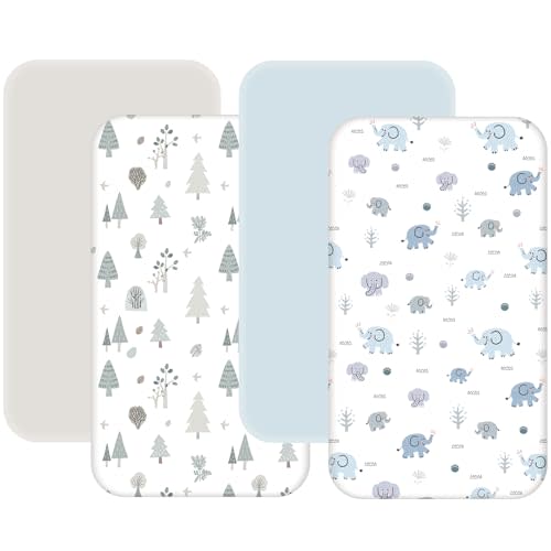 4 Pack Mini Crib Sheets Fitted - 38"x26" Pack and Play Sheets for Playard Mattress, Portable Mini Crib | Soft & Skin Friendly Pack N Play Sheets for Boys (Elephant & Woodland)