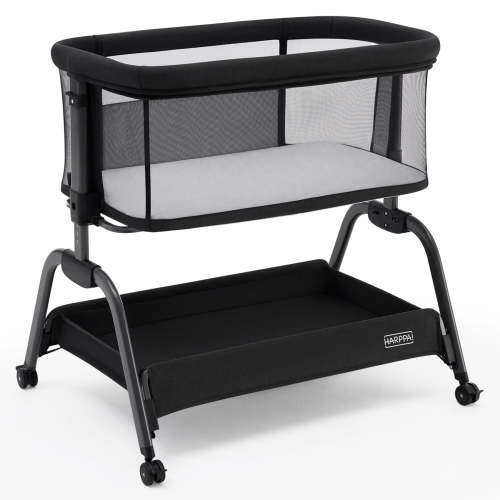 HARPPA Bassinet Bedside Sleeper, Adjustable Height, 360Â° Mesh, Wheels, Storage, Black