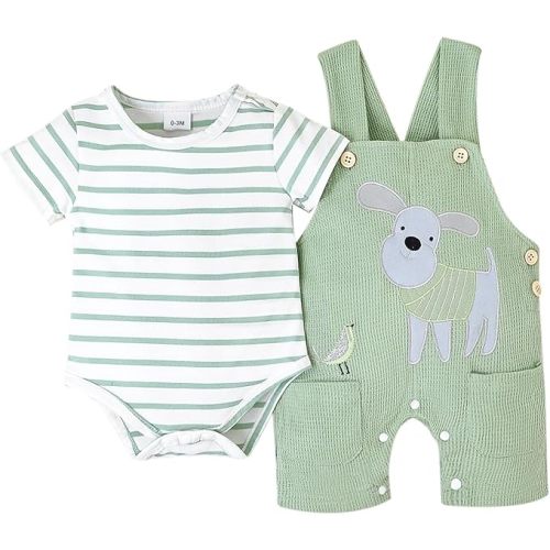 CETEPY Baby Boy Clothes Infant Summer Outfits Short Sleeve Striped Romper Cute Cartoon Dog Overall Pants Set 2pcs 0-18 Months