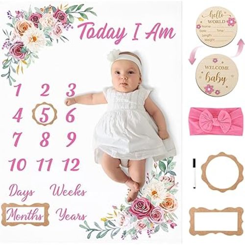 Floral Baby Milestone Blanket for Baby Girls Flannel Newborn Infant Swaddle Baby Growth Blanket Photography Background with Bow Headband, Frames, Wooden Signs