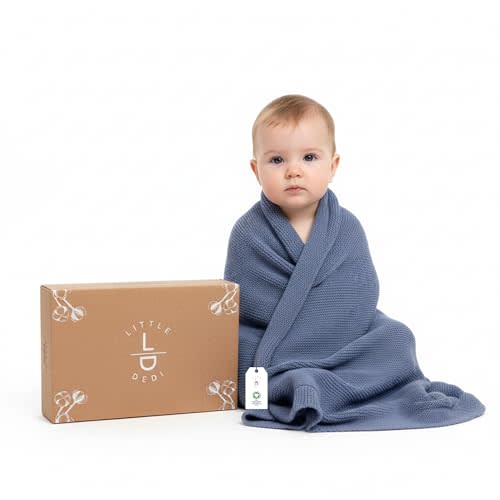 100% Organic Cotton GOTS Certified Baby Knitted Blanket with Gift Box - Soft Toddler, Crib, Stroller Blanket - Neutral Swaddle and Receiving Blanket for Newborns, 30"x40", Grey Blue