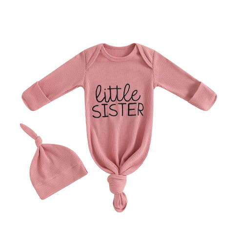 Elippeo Baby Sleeping Bag Sack Letter Embroidered Waffle Round Neck Long Sleeve Pullover Hat Outfit