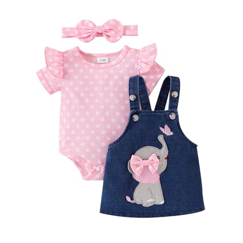 ODIMAME Baby Girl Clothes Suspender Skirt Newborn Ruffled Romper + Elephant Jeans Dress + Headband Summer Outfits 0-18 Months