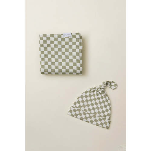 Sage Chequer Swaddle + Hat Set