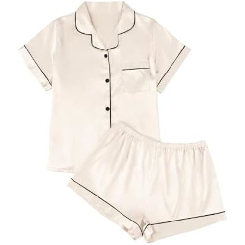 LILLUSORY Silk Satin Pajama Set for Women 2 Piece Lounge Pjs Shorts Matching Summer Sleepwear Button Down Shirt Shorts