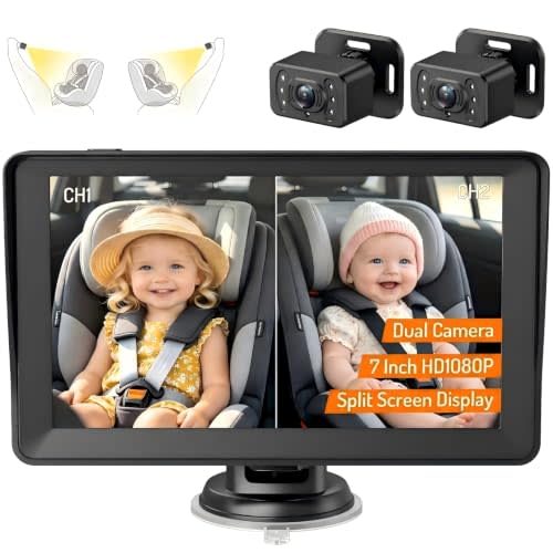 Kidsneed 7 inch HD 1080P Split Screen Baby Car Camera for 2 Kids | Car Baby Monitor with Dual Backseat Cameras, 150° Wide View, 360°Rotation, Night Vision, Rear-Facing Infant Car Seat Mirror