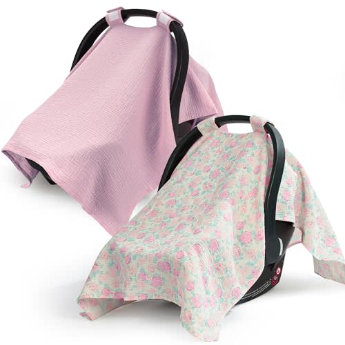 SERAPHY 100% Muslin Cotton Car Seat Cover Baby, 2 Pack Universal Carseat Covers Baby Boy Girl, Breathable Car Seat Canopy, Soft Infant Car Seat Cover for Summer and Winter—2 Pcs Pink&Flowers