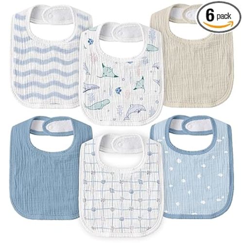 GLLQUEN BABY Muslin Drool Bibs for Boys Girls 6 Pack, Adjustable Baby Bibs for Drooling and Teething, Soft Cotton Baby Bandana Bib for Newborn Feeding Essentials (Ocean Whimsy)