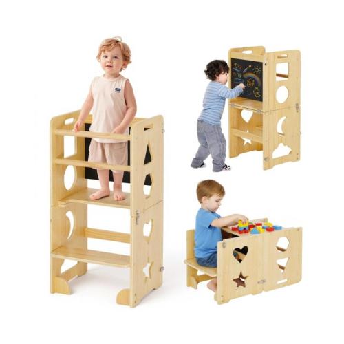 Advwin 3-in-1 Toddler Kitchen Step Stool Foldable Learning Tower Wooden